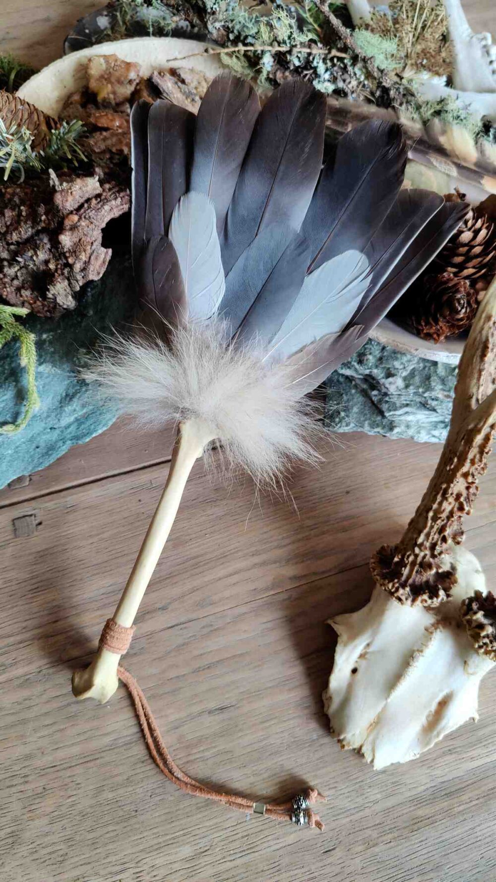 Vorderseite eine Räucherfächers aus Tauben und Entenfedern und Griff aus einem Fuchsknochen auf einen Holztisch mit Natürlichen Materialien und einem Rehbockschädel