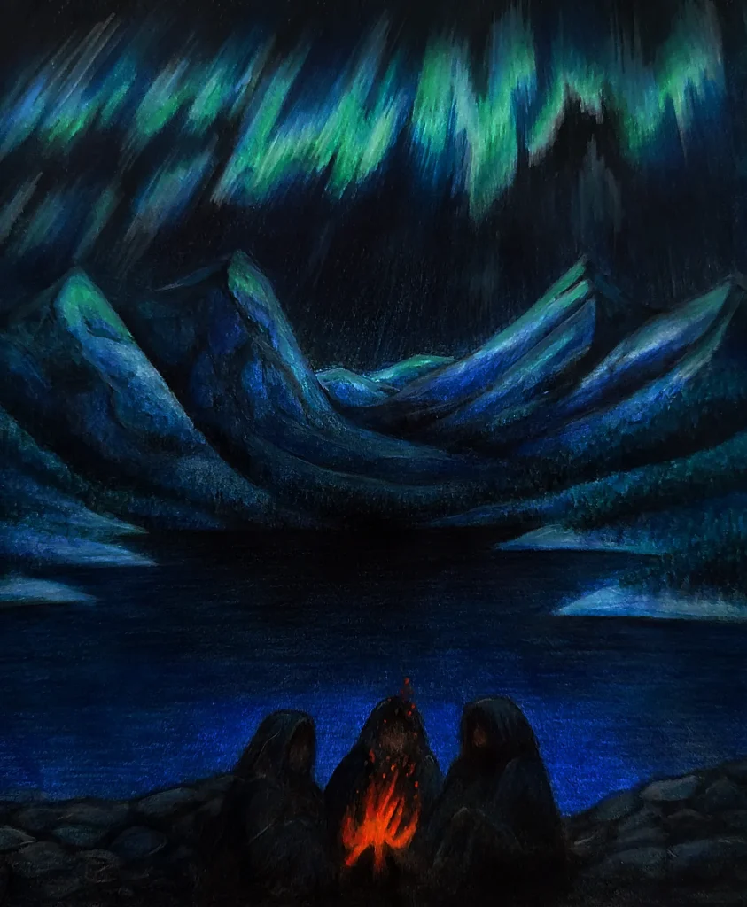 Nordlichter über einer winterlichen Berglandschaft, drei Gestalten sitzen am Feuer am Seeufer.
