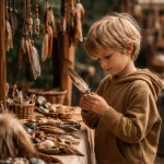 Junge betrachtet eine Feder am Marktstand in Arbon Christkindlimakrt 2025 von Glut & Sichel mit handgefertigten Natur- und Ritualobjekten