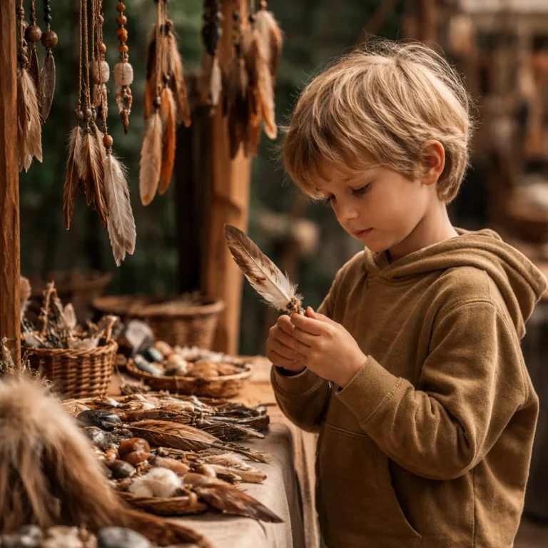 Junge betrachtet eine Feder am Marktstand in Arbon Christkindlimakrt 2025 von Glut & Sichel mit handgefertigten Natur- und Ritualobjekten