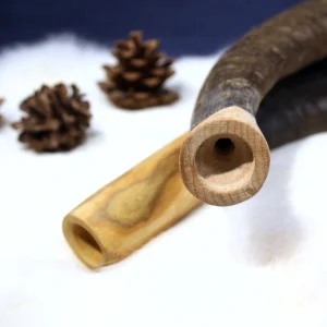 Holzmundstück eines Blashorns aus Ziegenhorn Nahaufnahme