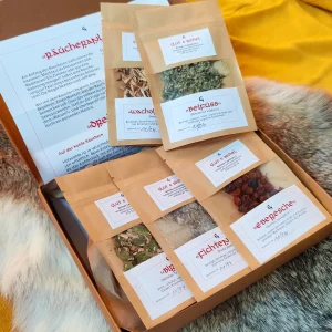 Offenes Räucherset Nordic mit fünf Räucherstoffen und Anleitung in Kraftpapier Schachtel.