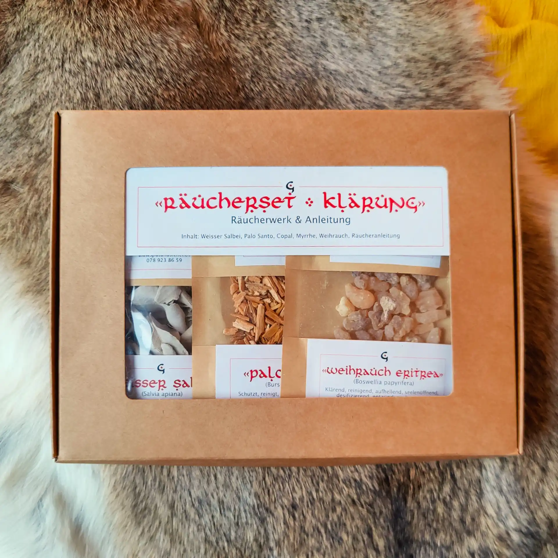 Räucherset Klärung in Kraftpapier Schachtel mit Sichtfenster