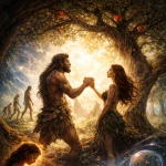 Adam und Eva unter dem Baum der Erkenntnis mit Evolutionsdarstellung im Hintergrund, symbolisches Motiv zu Bewusstsein und Sündenfall