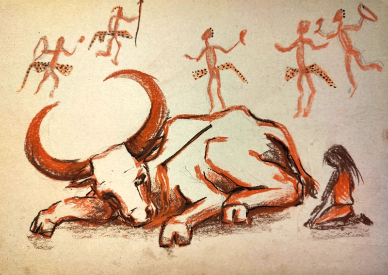 Handgezeichnete Illustration einer neolithischen Jagdszene mit einem liegenden Auerochsen, einer knienden Frau und mehreren Jägern im Hintergrund.